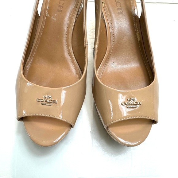 Coach Ferry Cork Wedge Patent Leather Peep toe Slingback Sandals Camel S… - Picture 3 of 11